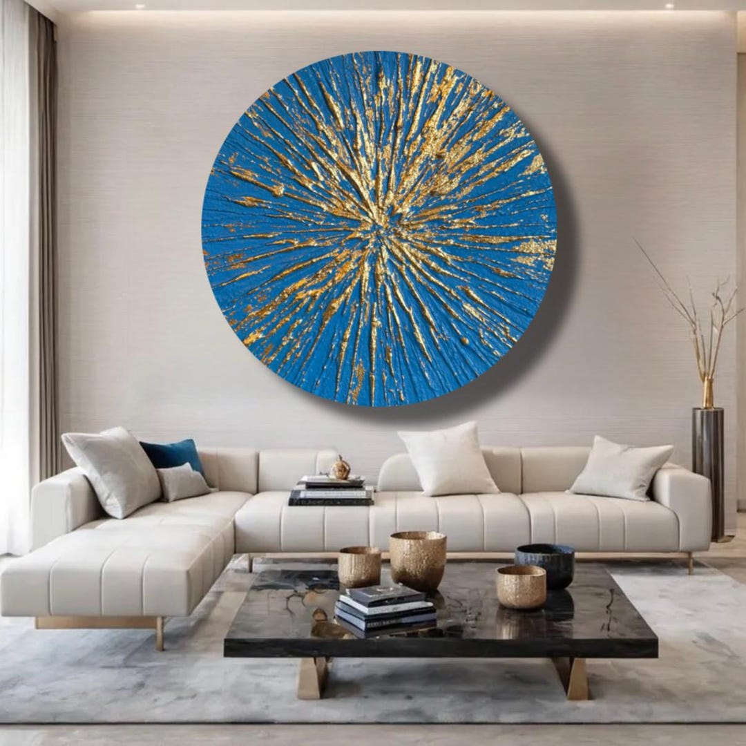 Modern Wall Art Textured Blue Gold Leaf Abstract Round Canvas Painting ...