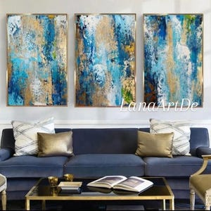 Unique abstract artwork blue and gold leaf painting 3D textured wall art for living room original acrylic art gold foil abstract canvas art