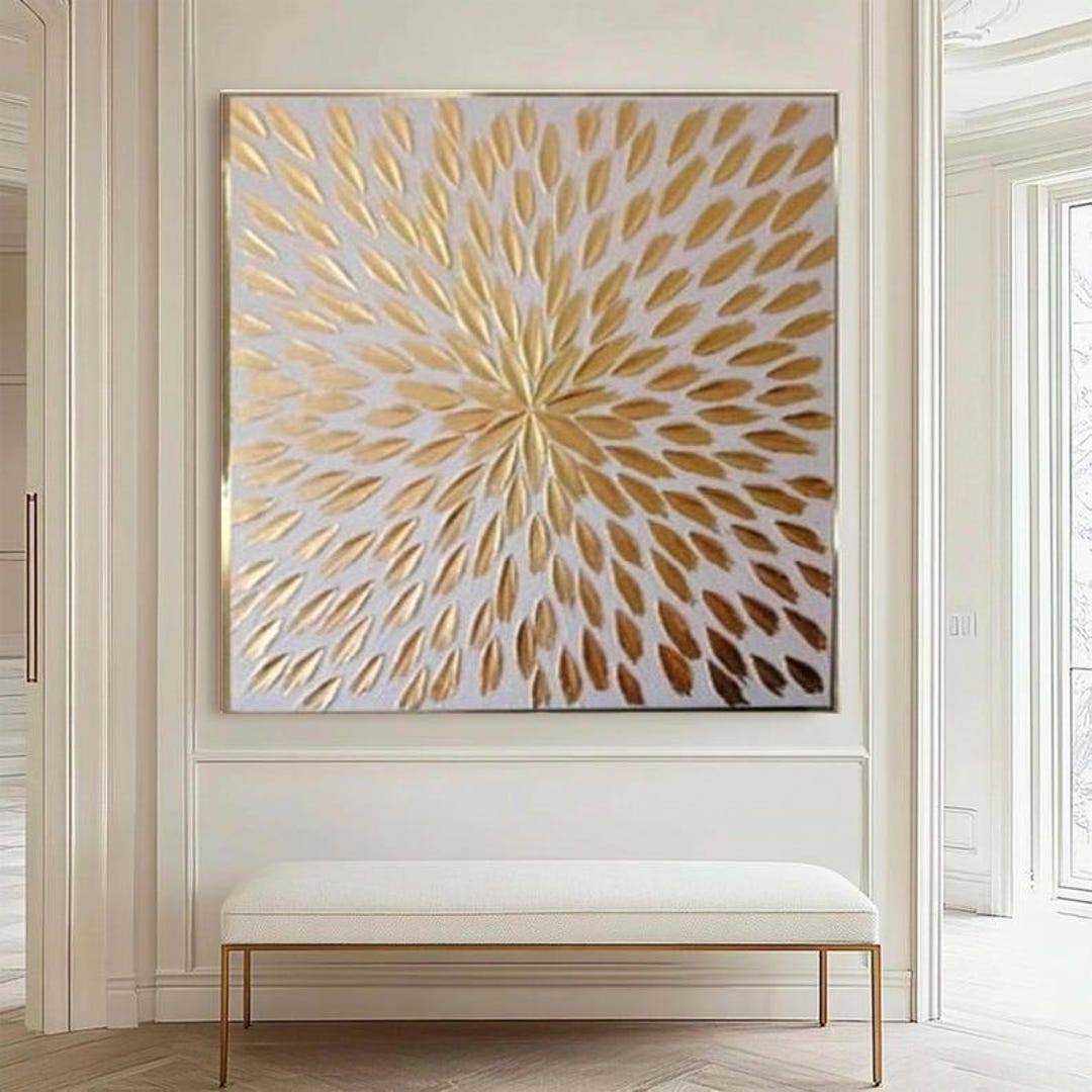 Luxury White and Gold Art Gold Leaf Canvas Painting Modern Art Living ...