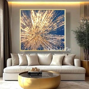 Peinture bleue et feuille d&#39;or art moderne pour vivre abstrait or 3D texturé grande décoration murale feuille d&#39;or art original bleu abstrait