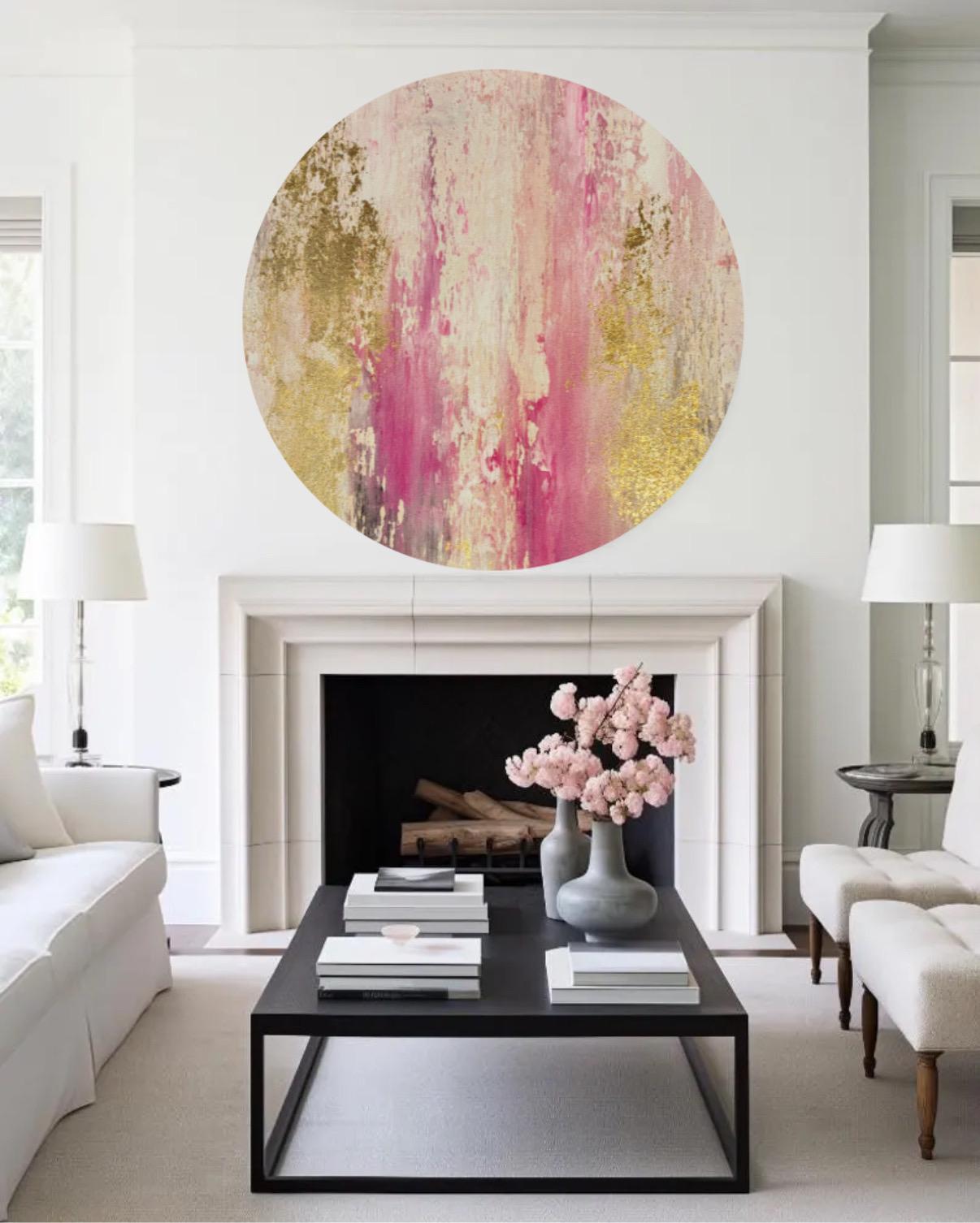 Pink and Gold Leaf Abstract Painting - Textured Modern Wall Art Circle ...