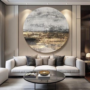 Round white black gold abstract textured painting luxury living room decor minimalist painting on canvas gold leaf art bedroom wall painting