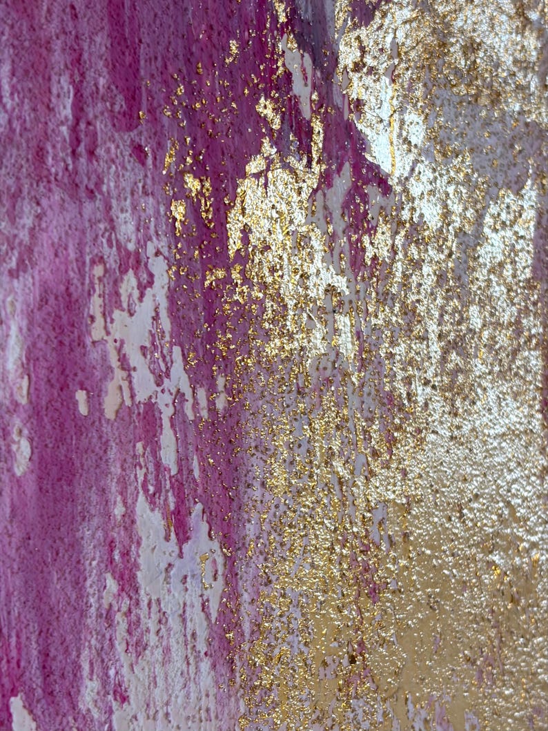 Pink and Gold Leaf Abstract Painting - Textured Modern Wall Art Circle ...