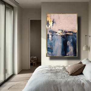 Blue gold wall art blue and gold leaf painting modern abstract canvas wall art gold foil acrylic painting original hand painted room decor