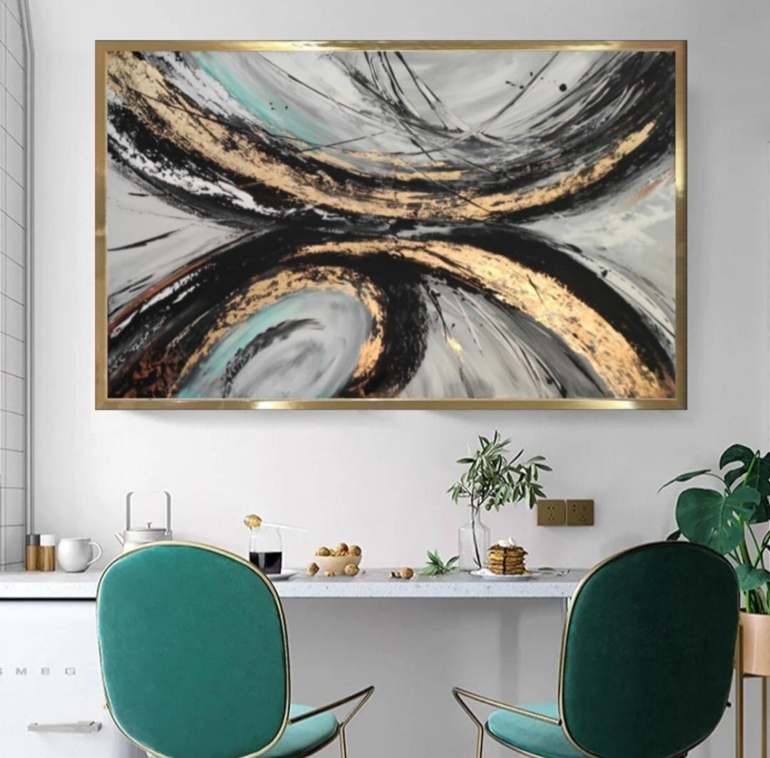 Black and Gold Leaf Art Original Modern Abstract Painting on Canvas ...