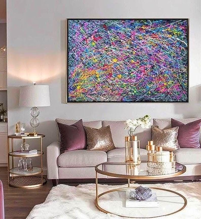 カラフルな抽象画、モダンなジャクソン・ポロック風アート、カラフルな