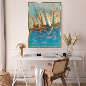 Original abstract seascape painting on canvas blue gold leaf art sailboat wall art nautical landscape acrylic abstract painting modern art