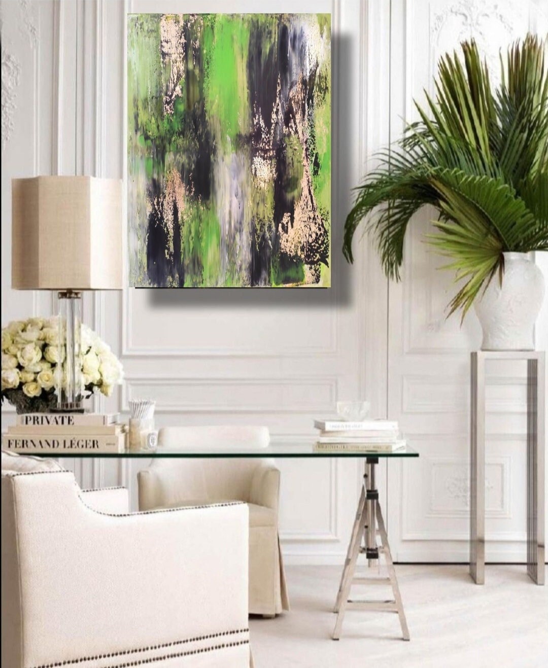 Green Gold Leaf Painting Green Gold Wall Decor Gold Abstract Etsy