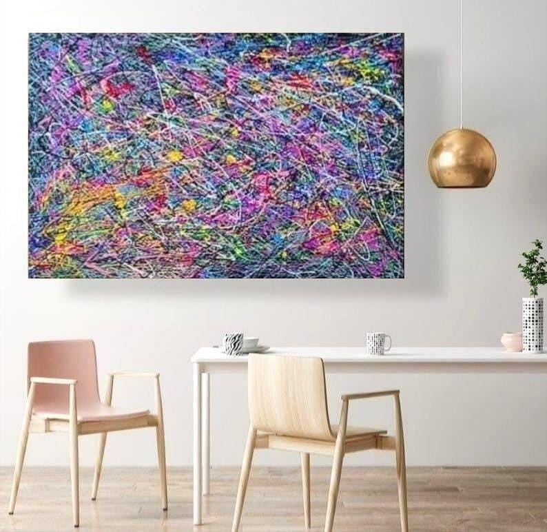 カラフルな抽象画、モダンなジャクソン・ポロック風アート、カラフルな
