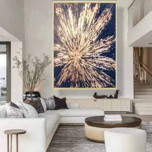 Dark blue and gold wall art gold leaf abstract wall art for living room 3D gold textured painting modern abstract art gold foil canvas art