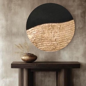 Black and gold leaf abstract painting 3D gold wall art gold textured painting modern canvas art round metallic gold decor circle acrylic art