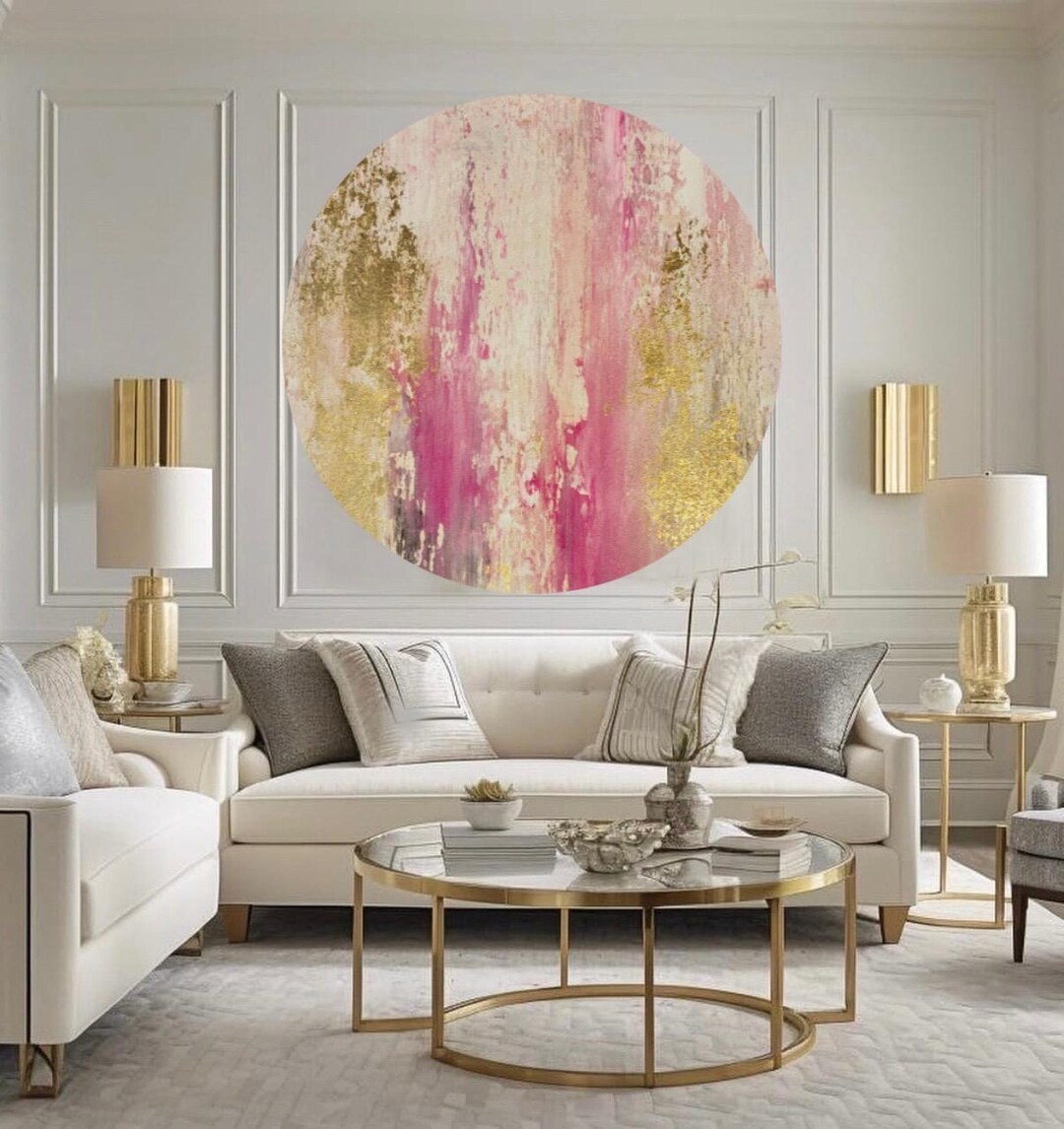 Pink and Gold Leaf Abstract Painting - Textured Modern Wall Art Circle ...