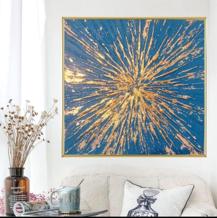 抽象アクリル画 金箔アート 金箔の絵画、モダンな青いアクリル壁アート、青い金の壁の装飾