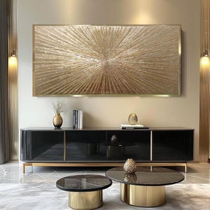 Golden rays textured painting modern art luxury living room decor gold leaf abstract artwork metallic gold art original hand painted art