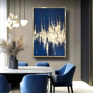 Blue textured painting on canvas large abstract acrylic blue canvas art for living room gold leaf wall art gold foil gold textured wall art