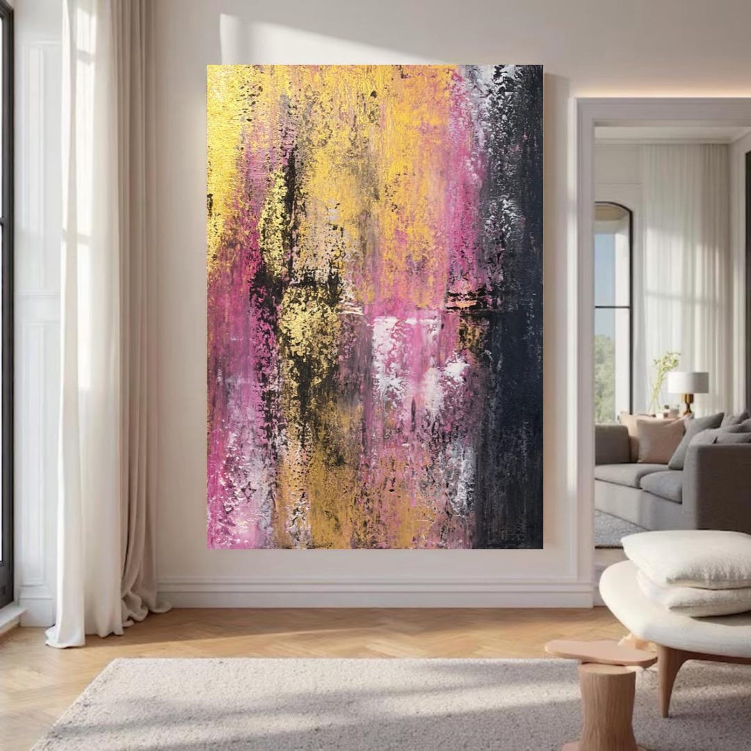 Gold Leaf Abstract Canvas Painting, Pink and Gold Acrylic Canvas Art ...