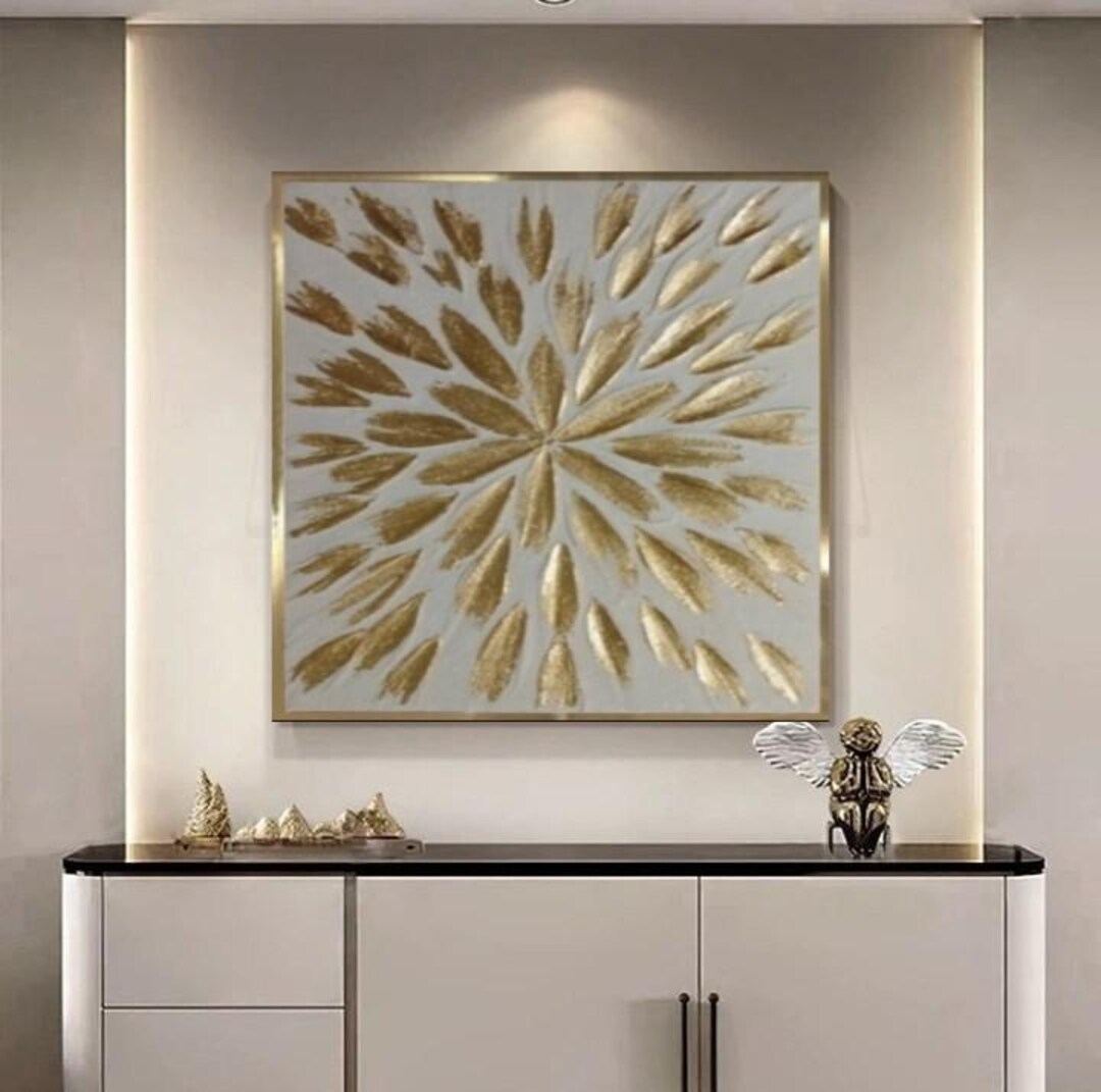 高級金箔抽象画、白と金の壁アート、オリジナル抽象アクリル画、3D