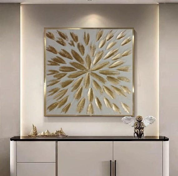 高級金箔抽象画、白と金の壁アート、オリジナル抽象アクリル画、3D