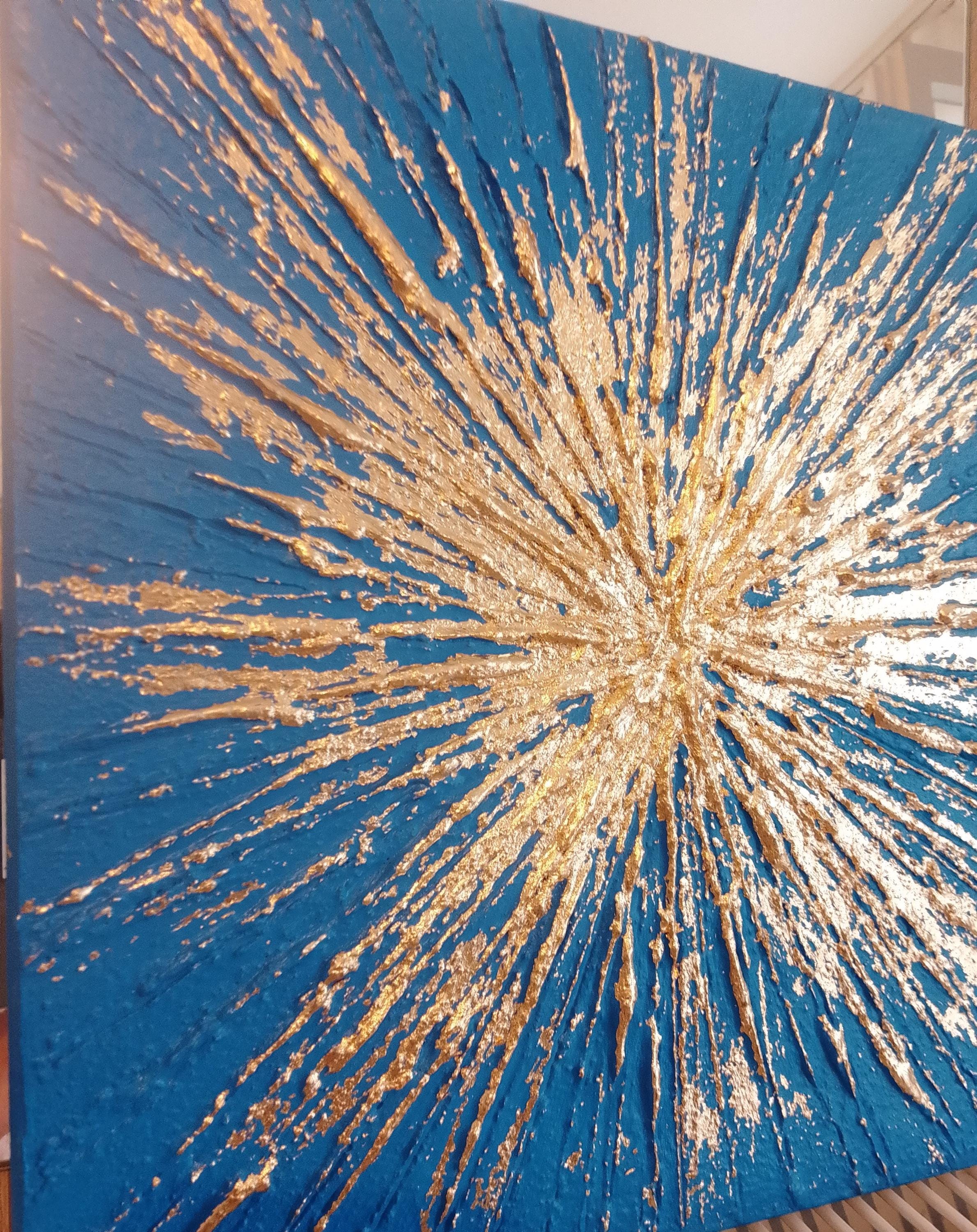 ブルーゴールドの抽象的なキャンバス壁アート3Dゴールドテクスチャ絵画