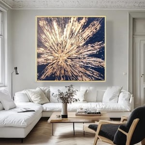 Peinture d&#39;art moderne bleu foncé et or, art mural abstrait bleu, art acrylique, décoration en or métallique, art de la feuille d&#39;or, oeuvre d&#39;art abstraite texturée 3D