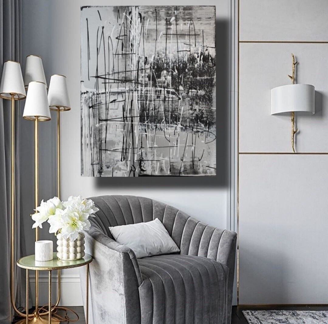 Black Silver Abstract Painting Silver Metallic Wall Art Silver Etsy