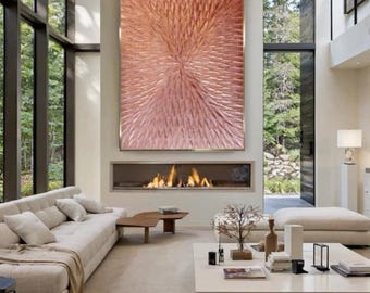 Large Copper Leaf Abstract Painting, Modern Metallic Wall Art 3D Textured Canvas Art