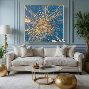Original blue gold painting modern living room wall decor gold leaf abstract painting 3D textured art hand painted abstract acrylic wall art