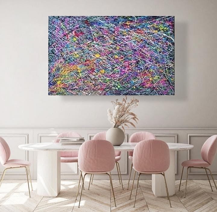 カラフルな抽象画、モダンなジャクソン・ポロック風アート、カラフルな