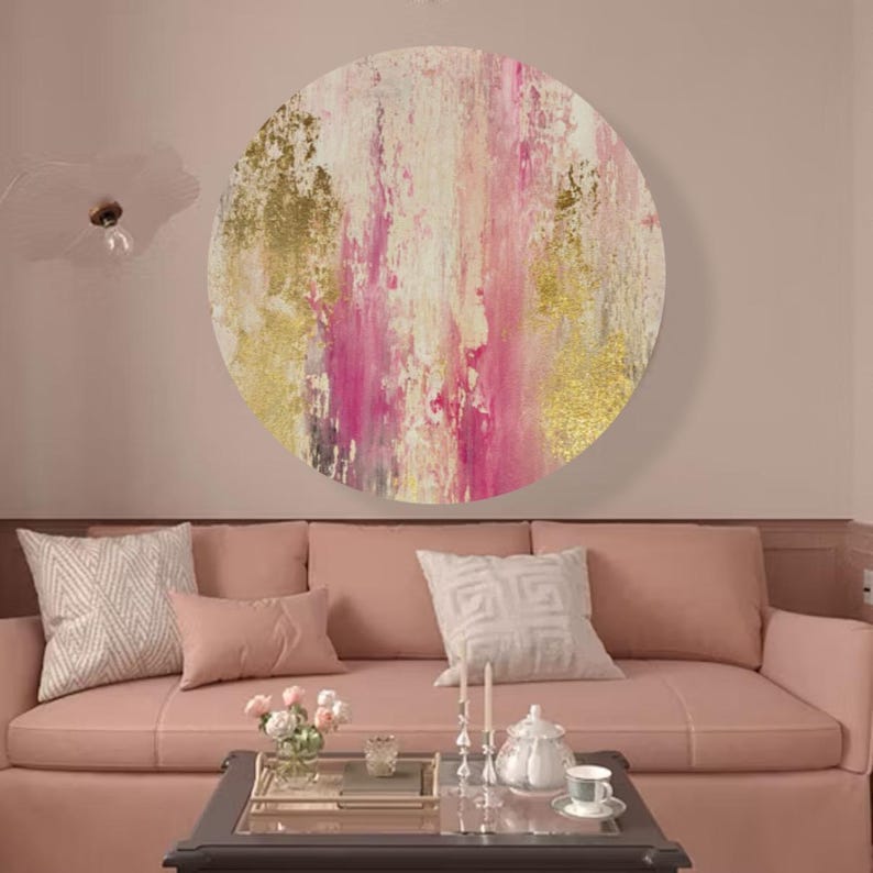 Pink and Gold Leaf Abstract Painting - Textured Modern Wall Art Circle ...