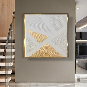 White and gold leaf art 3D gold textured wall art minimalist hand made art original abstract acrylic painting modern art for living room