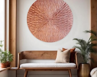 Circle Copper Leaf Abstract Painting, 3D Textured Copper Wall Art Metallic Modern Wall Decor Minimalist Copper Foil Art For Living Room