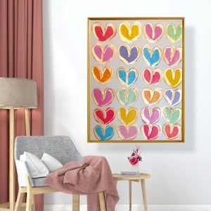 Coração abstrato em tela, arte colorida de coração, pintura original de coração em acrílico, arte moderna, parede texturizada dourada, pintura de folha de ouro para quarto