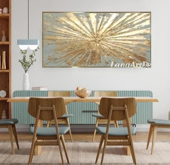 金箔の抽象画：ライトブルーのテクスチャアクリルアート - Etsy 日本