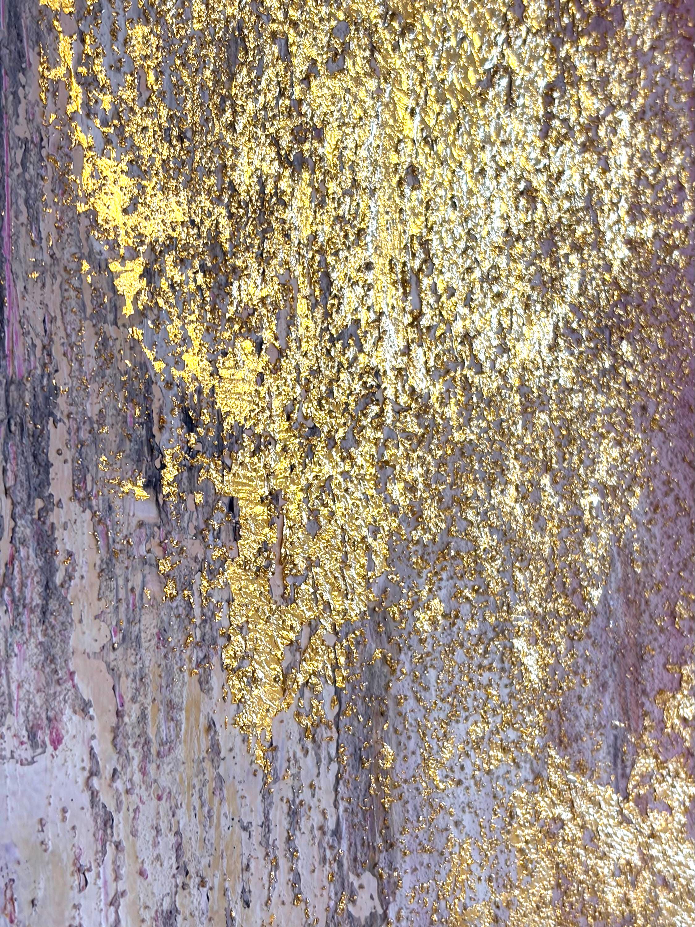 Pink and Gold Leaf Abstract Painting - Textured Modern Wall Art Circle ...