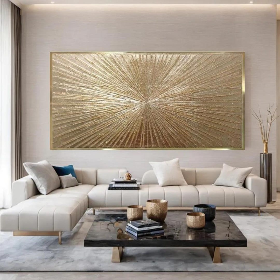 Luxury Gold Leaf Abstract Painting: Modern Golden Rays Wall Art 3D Gold ...