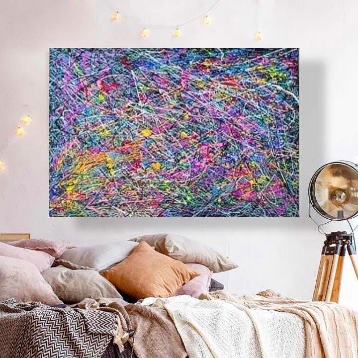 カラフルな抽象画、モダンなジャクソン・ポロック風アート、カラフルな