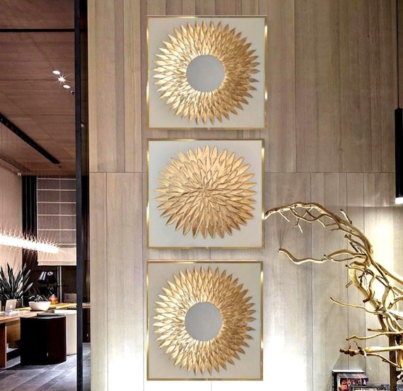 金箔3Dテクスチャ絵画、抽象的なアクリル金箔アート3枚セット - Etsy 日本