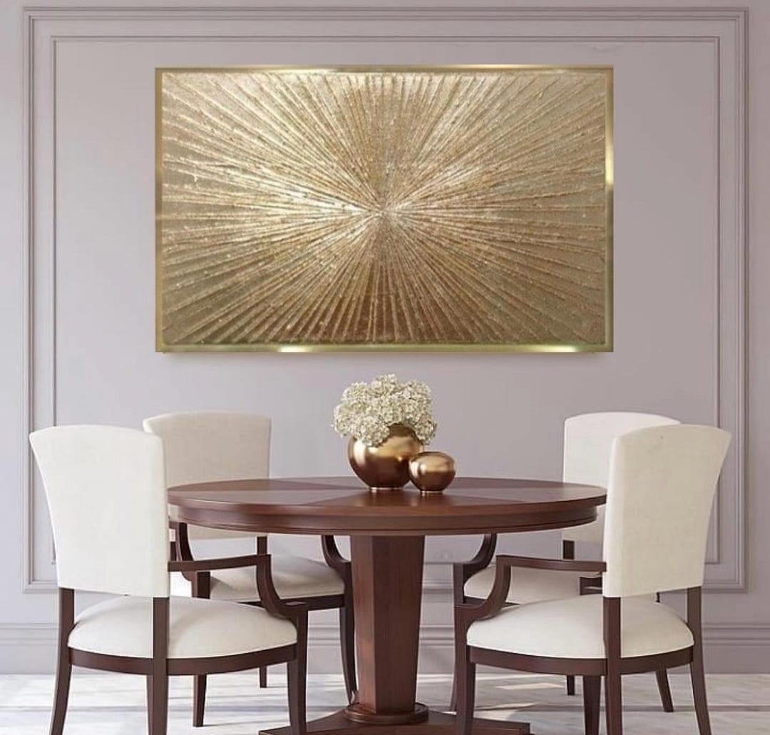 Gold Leaf Abstract Painting on Canvas, 3D Textured Metallic Rays ...