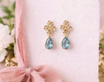 Medium Aquamarine Crystal Drop Earrings  | Aquamarine Tear Drop Earrings | Gold Leaf Flower Earrings | Blue Drop Earrings | Something Blue