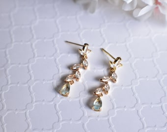 Aquamarine Drop Earrings: Gold Leaf Cascade, Handmade