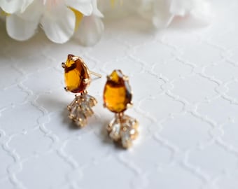 Burnt Orange Art Deco Earrings | Autumn Orange Dainty Crystal Earrings | Brownish Orange Vintage Inspired Earrings | Dainty Bridal Earrings