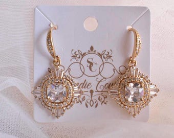 Art Deco Earrings, Gold Cubic Zirconia, Handmade 1920s Style