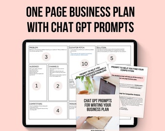 One page business Plan, Chat GPT prompts for business plan, Small Business plan, Lean business plan, business plan template printable