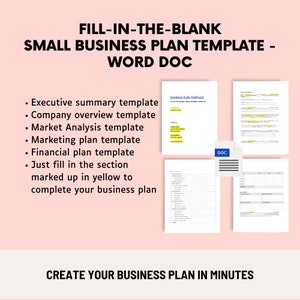 Könnte beinhalten: Eine rosa und weiße Grafik mit dem Text "FILL-IN-THE-BLANK SMALL BUSINESS PLAN TEMPLATE - WORD DOC" und einer Liste mit Aufzählungszeichen: "Executive summary template", "Company overview template", "Market Analysis template", "Marketing plan template", "Financial plan template", "Just fill in the section marked up in yellow to complete your business plan". Die Grafik enthält auch einen Screenshot eines Word-Dokuments mit dem Text "BUSINESS PLAN TEMPLATE" und einem "DOC"-Symbol.