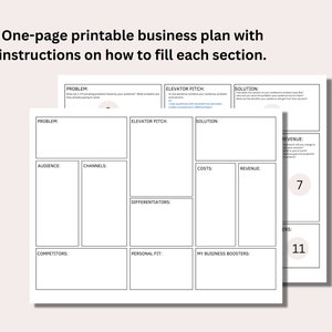 K&ouml;nnte beinhalten: Eine schwarz-wei&szlig;e druckbare Businessplan-Vorlage mit Abschnitten f&uuml;r Problem, Zielgruppe, Kan&auml;le, Elevator Pitch, L&ouml;sung, Differenzierungsmerkmale, Kosten, Umsatz, Wettbewerber, pers&ouml;nliche Eignung und meine Business Booster. Die Vorlage enth&auml;lt nummerierte Kreise mit den Nummern 7 und 11.