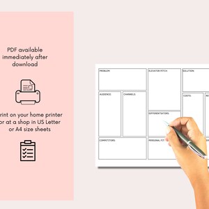K&ouml;nnte beinhalten: Eine schwarz-wei&szlig;e Business-Model-Canvas-Vorlage mit &Uuml;berschriften f&uuml;r "Problem", "L&ouml;sung", "Zielgruppe", "Kan&auml;le", "Elevator Pitch", "Differenzierungsmerkmale", "Wettbewerber", "Pers&ouml;nliche Passform", "Kosten" und "Umsatz".