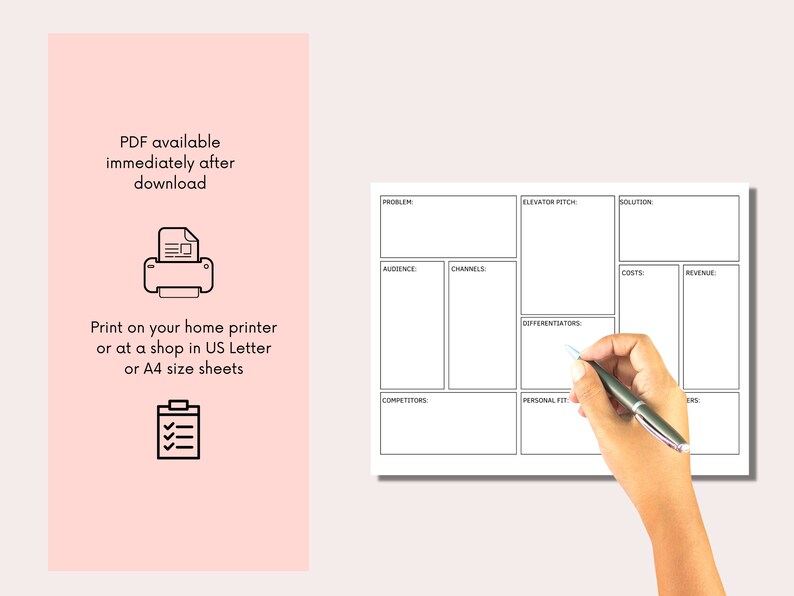 K&ouml;nnte beinhalten: Eine schwarz-wei&szlig;e Business-Model-Canvas-Vorlage mit &Uuml;berschriften f&uuml;r "Problem", "L&ouml;sung", "Zielgruppe", "Kan&auml;le", "Elevator Pitch", "Differenzierungsmerkmale", "Wettbewerber", "Pers&ouml;nliche Passform", "Kosten" und "Umsatz".
