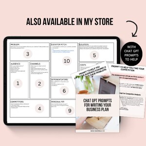 K&ouml;nnte beinhalten: Ein digitales Tablet zeigt eine Businessplan-Vorlage mit neun Abschnitten, die mit "Problem", "Zielgruppe", "Kan&auml;le", "Wettbewerber", "Elevator Pitch", "L&ouml;sung", "Kosten", "Differenzierungsmerkmale" und "Pers&ouml;nliche Eignung" beschriftet sind. Das Tablet befindet sich auf einem rosa Hintergrund mit dem Text "AUCH IN MEINEM SHOP ERH&Auml;LTLICH" dar&uuml;ber. Es gibt zwei kleinere wei&szlig;e Papiere mit Text darauf, eines mit dem Text "AUFforderung, um Ihnen zu helfen, Ihre Konkurrenz zu finden" und das andere mit dem Text "CHAT GPT-AUFforderungen zum Schreiben Ihres Businessplans".