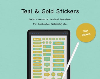Teal and Gold Stickers for Planner. Yearly, Monthly, Daily, Budget and Goals