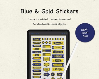 Blue and Gold Stickers for Planner. Yearly, Monthly, Daily, Budget and Goals